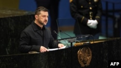 Ukrainian President Volodymyr Zelenskyy speaks at the UN in New York City on September 24. 